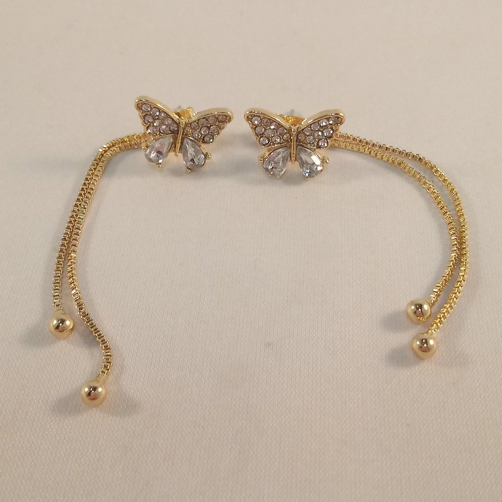 Gold Sterling Siver Butterfly Diamond Crystal Tassel Stud Earrings Party Gift - Picture 4 of 5